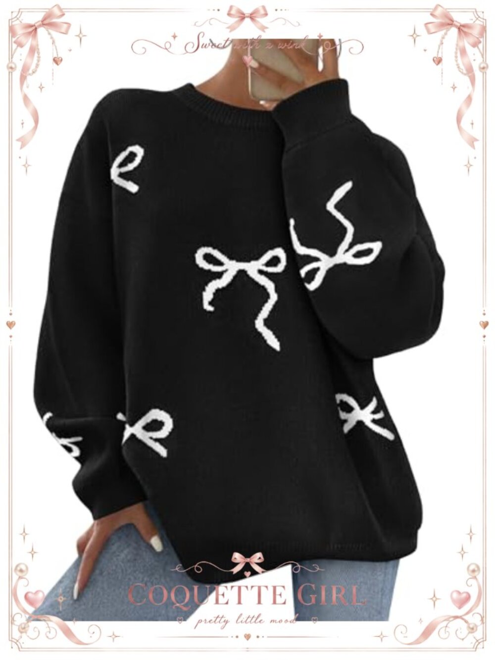 PRETTYGARDEN Long Sleeve Bow Print Oversized Chunky Knit Sweater Pullover
